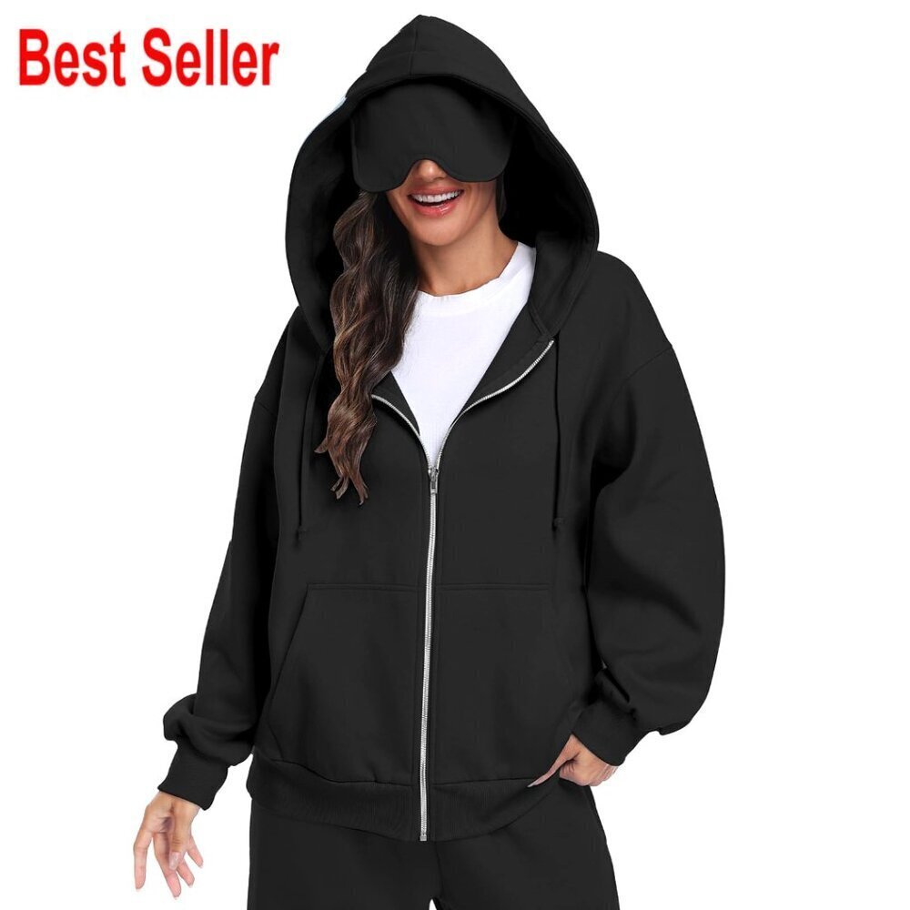 Unisex Travel Hoodie with Built-in Eye Mask, Fleece Jacket, Oversized Fit
